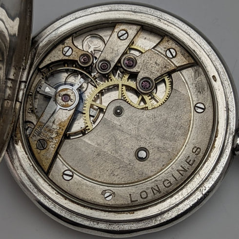 1920s antique Longines pocket watch silver side hunter works well